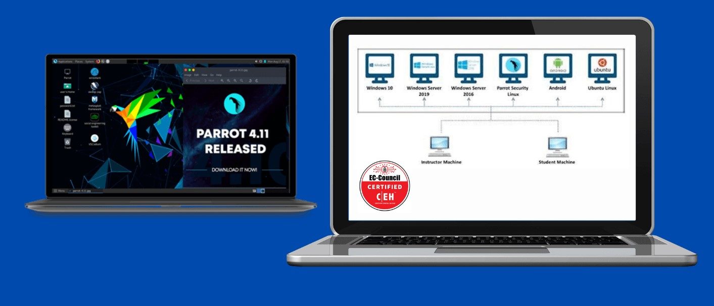 Strumenti ufficiali CEH: Netcraft, SherLock, theHarvester, Central Ops, Web Data Extractor, HTTrack, ceWL, eMailTrackerPro, DomainTools, DNSRecon, Recon-ng, Maltego, OSRFramework, BillCipher, OSINT Framework, Nmap, Angry IP Scanner, MegaPing, NetScanTools Pro, Hping3, Wireshark, Unicornscan, Colastoft Packer Builder, Network Topology Mapper, Metasploit, NetBios, SNMP-check, SoftPerfect Network Scanner, AD Explorer, OpenVAS; Nessus, GFI LanGuard, CGI Scanner Nikto, Responder, L0phtCrack, Armitage, TheFatRat, Meterpreter, Power Spy, Spytech SpyAgent, OpenStego, Covert_TCP, Auditpol, CClearner, njRAT RAT, ProRat, RAT Trojan, JPS Virus Maker Tool, VirusTotal, BinText, PE Explorer, Dependency Walker, IDA, OllyDbg, TCPView, CurrPorts, Process Monitor, Rgshot, jv16 PowerTools, SrvMan, WinPatrol, Mirekusoft Install Monitor, PA File Sight, DriverView, Driver Reviver, DNSQuerySniffer, macof, arpspoof, Yersinia, Caine e Abele, TMAC e SMAC, Pmnipeek Protocol Analyzer, Steel Centeral Packet Analyzer, Xarp, Netcraft, PhishTank, OhPhish, hping3, HOIC, LOIC, Anti DDos Guardian, Zed Attack Proxy, bettercap, Snort, ZonaAlarm, HoneyBOT,Ghost Eye, Skipfish, httprecon, Netcat, Telnet, Nmpa Scripting Engine, Uniscan, Dictionary Attack, WhatWeb, OWASP ZAP, Vega, Burp Suite, Weevely, Sqlmap, DSSS, Aircrack-ng, Parrot Security, Social-Engineer Toolkit, Low Orbital Cannon, PhoneSploit, Quixxi, lazys3, S3Scanner, HashCalc, MD5 Calculator, HashMyFiles, CryptoForge, BCTextEncoder, RMail, VeraCrypt, BitLocker Drive Encryption, Rohos Disk Encryption, CrypTool, AlphaPeeler.